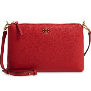 Tory Burch red leather crossbody with built in credit card slots EUC